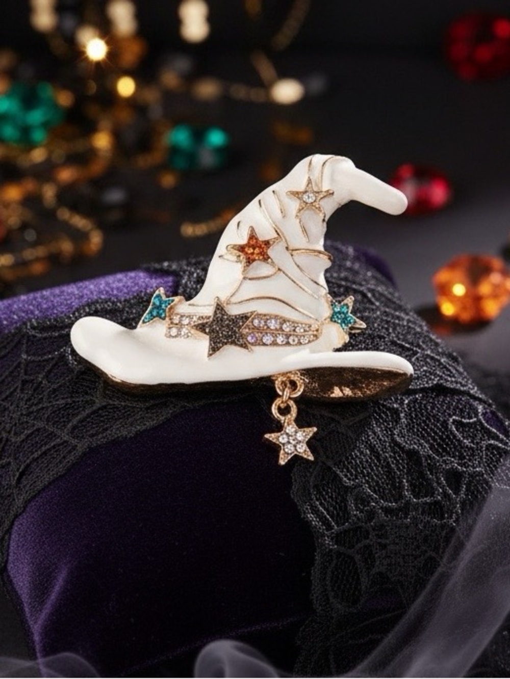 Pastel Goth White Bling Witch Hat Brooch Pin Whimsigoth Halloween Spooky Season